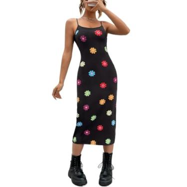 Imagem de Camisa Feminina Floral Print Cami Bodycon Dress (Color : Black, Size : X-Small)