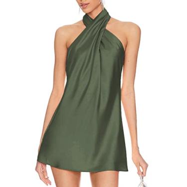 Imagem de BELONGSCI Vestido feminino de cetim de verão 2024 cruzado sem mangas frente única decote coquetel vestido mini, L3: Verde militar, GG