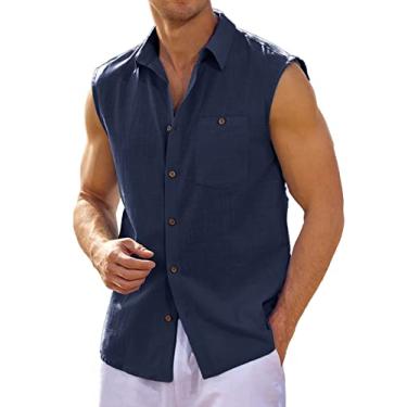 Imagem de Fommykin Camisa regata masculina de linho sem mangas, com botões, básica, lisa, colete com bolso, Azul marinho, 3G
