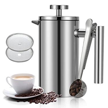 Imagem de Meelio Cafeteira francesa prensa francesa de aço inoxidável com isolamento de parede dupla 1L para acampamento de viagem, inclui 2 telas extras e 1 colher de café (6-8 xícaras de 1000 ml)