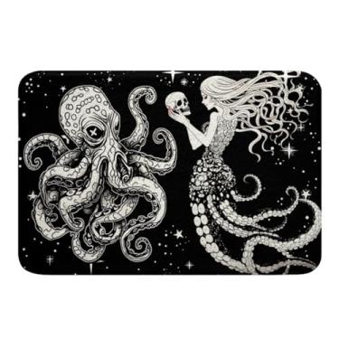 Imagem de Tapete de sereia polvo de 50 cm x 81 cm, tapete de banheiro com céu estrelado para banheiro, tapete de praia do Havaí, tapete de porta de outono para répteis do oceano, tapete lavável à máquina, tapete de chuveiro macio antiderrapante