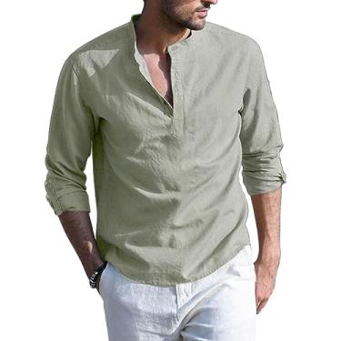 Imagem de YZEDYIU Camisetas masculinas Henley de algodão e linho.Camisetas masculinas de praia casuais de manga longa respiráveis hippie para homens, Verde, XXG