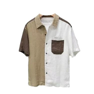 Imagem de Camisa masculina de verão com botões de linho, folgada, casual, patchwork, japonesa, fina, moderna, manga curta, Cor da imagem, GG