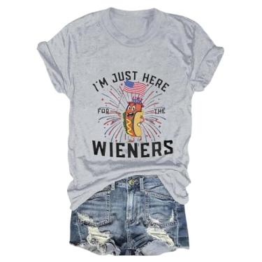 Imagem de Camiseta feminina I'm Just Here for The Wieners Túnica Patriótica Dia da Independência de 4 de julho com gola redonda e manga curta, Cinza, 3G