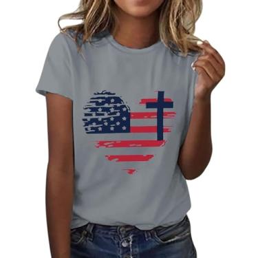 Imagem de Camisetas femininas patrióticas de 4 de julho com estampa de coração com bandeira americana, túnicas, manga curta, gola redonda, verão, Cinza, P