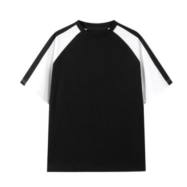 Imagem de LittleSpring Camiseta masculina de beisebol de algodão pesado manga raglan verão color block tops, Preto e branco, P