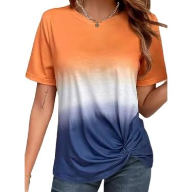 Imagem de Hilinker Camiseta feminina de manga curta com nó torcido gradiente tie dye gola redonda, Azul laranja gradiente, M