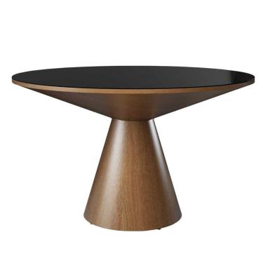 Imagem de Mesa De Jantar Madri Cone Chanfrada Redonda Nozes 1.40 Cm Vidro Preto