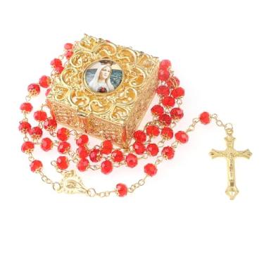 Imagem de WHLHMK Rosário católico para mulheres com caixa de joias vintage, colar de rosário de cristal vermelho com caixa de presente de metal, rosário de primeira comunhão para meninas e meninos contas de oração anglicana presentes católicos