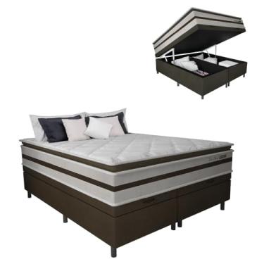Imagem de Cama Box Baú Casal King Gazin Colchão Molas Ensacadas Pillow Top Love Story 193x203x71cm Branco/Marrom - Suporta Até 120Kg Por Pessoa