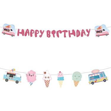 Imagem de Faixa de sorvete, bandeira de feliz aniversário 2 peças, faixa de parabéns doce e fofa para verão praia havaiana meninas sorvete jardim aniversário chá de bebê decoração de festa