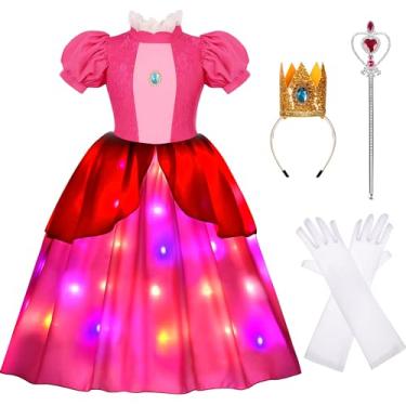 Imagem de BAURGHOP Peach Costume for Girls LED Light Up Princess Peach Dress for Girls Cosplay Holiday Party Outfit (5-6 Years)