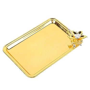 Imagem de Bandeja de Serviço de Alimentação, Bandeja de Serviço de Mesa de Processo Escovado Dourada Com Decoração Floral para Hotel para Casa (S)