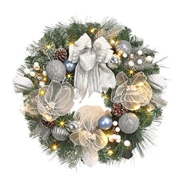 Imagem de Guirlanda de Natal iluminada para porta da frente com 20 luzes de LED, guirlanda de Natal pré-iluminada de 56 cm com flor grande e enfeite de bola, decoração de varanda de inverno, decoração de Natal
