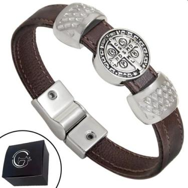 Imagem de Pulseira de Couro Masculina Slim Magnética Oração de São Bento Marrom 