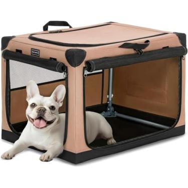 Imagem de PETSFIT Caixa portátil para cães, com laterais macias – 66 cm, leve, fácil de configurar, caixa de viagem resistente para cães, estrutura ajustável com 3 portas de malha, canil dobrável cáqui