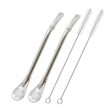 Imagem de Canudos de aço inoxidável com colher de filtro, 2 canudos de chá, mate bombilla, bastão de agitador de café para chá gelado, coquetel, com 2 escovas de limpeza (prata)