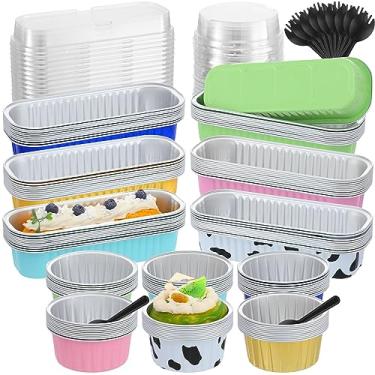 Imagem de Dandat 120 peças de mini formas de pão com tampas e colheres, 60 formas retangulares de alumínio de 200 ml, formas de bolo retangulares, 60 copos redondos de 140 g, formas de cupcake de alumínio descartáveis, forros de cupcake para pão muffins