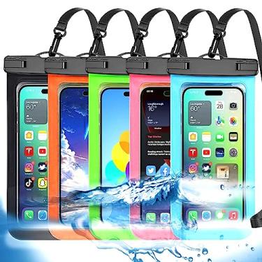 Imagem de Famoby Pacote com 5 bolsas multicoloridas universais à prova d'água de até 8,3 polegadas, bolsa seca para celular, nível de proteção: IP68, esportes ao ar livre para Apple iPhone, Samsung e mais