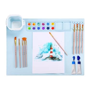 Imagem de PATIKIL Tapete de silicone para artesanato de 50,8 cm x 40,6 cm, folhas de pintura de silicone antiaderente, tapetes artísticos para desenho de resina de argila DIY, com suporte de pincel e copo de