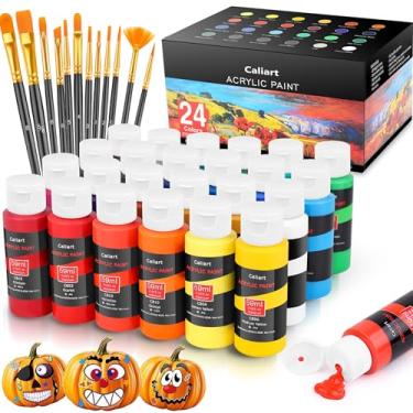 Imagem de Caliart Conjunto de tintas acrílicas com 12 pincéis, 24 cores (59 ml, 59 ml, 59 g) Tintas artísticas para artesanato presentes para artistas crianças iniciantes e pintores, kit de pintura de pedra cerâmica de abóbora de Halloween
