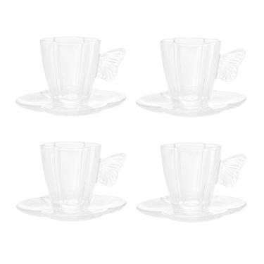 Imagem de Cj 4 Xícaras P/Café C/Pires de Vidro Borboletas Transparente 80ml Wolff
