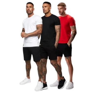 Imagem de Kit 3 Camisetas Masculina Slim em Algodão Vermelha, Preta e Branca - D
