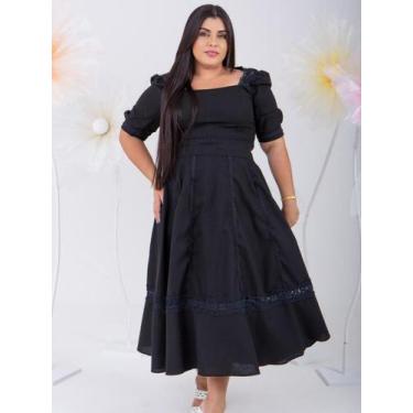Imagem de Vestido Midi Feminino Social Evangélico Linho Guipir - Fashion, Preto,