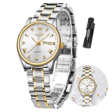 Imagem de Relógios dourados femininos OLEVS, relógios de pulso de luxo para dia e data, à prova d'água, aço inoxidável, quartzo, analógico, relógio de pulso feminino, mostrador preto, branco, Branco, round