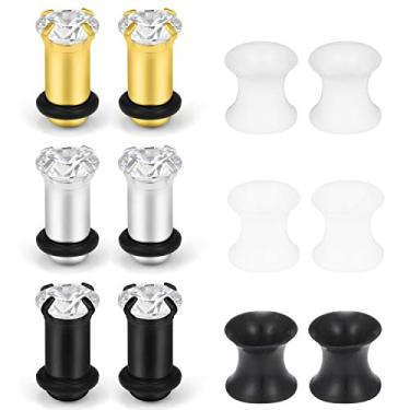 Imagem de Lcolyoli Conjunto de 6 pares de alargadores de orelha de aço inoxidável e silicone flexível de alargador de túnel 6G-0G, Metal Borracha, Zircônia cúbica,