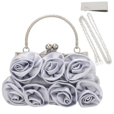 Imagem de kilofly Bolsa clutch Missy K 7 Roses, cetim, com alça destacável e clipe para dinheiro, Prata, 8.6 Inch