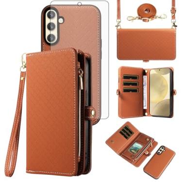 Imagem de Asuwish Capa de celular para Samsung Galaxy S24/S25 5G carteira com zíper destacável com protetor de tela de vidro temperado alça transversal alça flip porta-cartão S 24 24S 25 25S G5 mulheres meninas