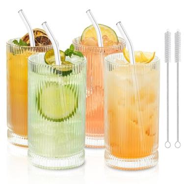 Imagem de KEMORELA Vintage Ribbed Glassware Set, 16oz XL Drinking Glasses With Straws, Ribbed Glassware Set of 4, Glass Cups, Iced Coffee Cups Ideal for Whiskey, Cocktail, Iced Coffee, Juice, Beer, Soda