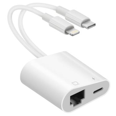 Imagem de Adaptador Lightning e USB C para Ethernet, adaptador de rede LAN Ethernet RJ45 2 em 1 com porta de carregamento compatível com iPhone/iPad/iPod/Samsung e mais, suporta Plug and Play de 100 Mbps