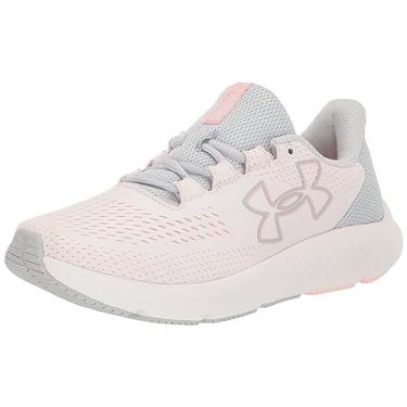 Imagem de Under Armour Tênis de corrida feminino Charged Pursuit 3 com logotipo grande, (101) branco/cinza halo/rosa Fizz, 6.5