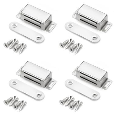 Imagem de Pacote com 4 travas de porta magnéticas prateadas, trava magnética de aço inoxidável, ímãs ocultos com trava magnética resistente para portas de armário, gaveta, guarda-roupa (pequeno-4 unidades)