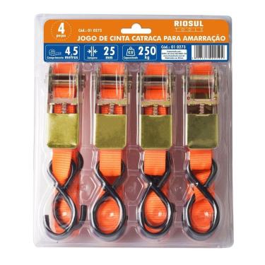 Imagem de Jogo Cinta Catraca Amarração 25x4,5 250Kg 4pçs Riosul Tools