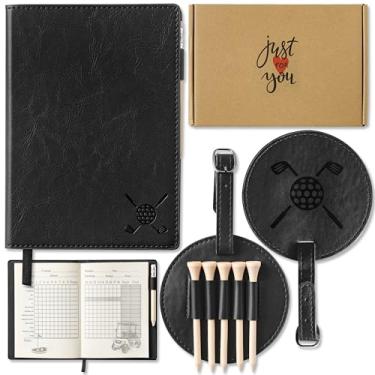 Imagem de R HORSE Livro de pontuação de golfe de 4 peças com lápis e conjunto de etiquetas de saco de golfe, caderno de diário de golfe de couro com camisetas e marcador de bola, acessórios de aniversário para