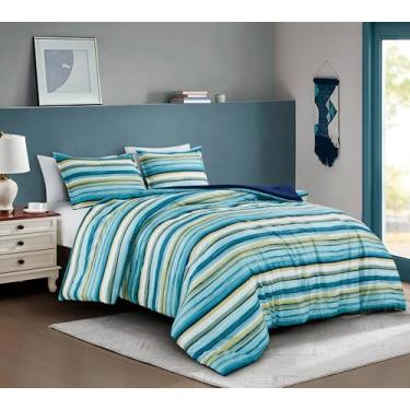 Imagem de Chezmoi Collection Morgan Conjunto de edredom listrado de 3 peças, tamanho casal, verde, azul, branco, listrado, microfibra leve, cobertor respirável para todas as estações