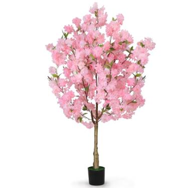 Imagem de OUSHENG Árvore de cerejeira artificial, plantas falsas, decoração interna, flores de Sakura rosa falso para sala de estar, casa, entrada, quarto, escritório, decorações internas, 1,5 m