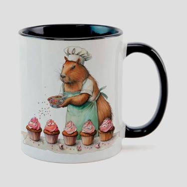 Imagem de Caneca Branca com Alça e Interna Preta de Porcelana 325ml CAPIVARA MAMAE BOLO 1
