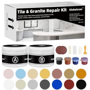 Imagem de Globalcom Kit de reparo de azulejo e granito/mármore, kit de reparo de bancadas de pedra de porcelana e quartzo para lascas amassados rachaduras buracos arranhões, consertar cantos de bordas lascadas,