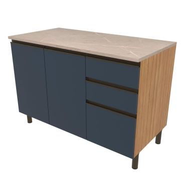 Imagem de Balcão Bartira Cristal em MDP com 2 Portas e 3 Gavetas, 120,1cm de largura - Lâmina de Mel/Azul Royal