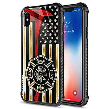 Imagem de Capa para iPhone XR, capas para iPhone XR com bandeira de madeira com machado de bombeiro, parte traseira de vidro temperado + capa protetora de choque TPU de silicone macio para Apple iPhone XR