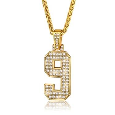 Imagem de GoldChic Jewelry Colar de números para homens, colar de corrente com números brilhantes pingente de diamante simulado de hip hop com corrente de tênis Spiga Correntes, 56+5cm(22''+2''), Banhado a ouro, Zircão