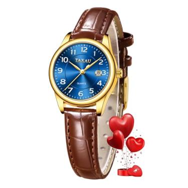 Imagem de Taxau Relógio feminino de couro, casual, moderno, à prova d'água, analógico, quartzo, fácil leitura, relógios femininos com data, Azul dourado - 8863, round, Relógios modernos