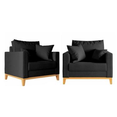 Imagem de Kit 2 Poltronas Beny 80cm Base de Madeira Linho - Passoni Decor, Preto