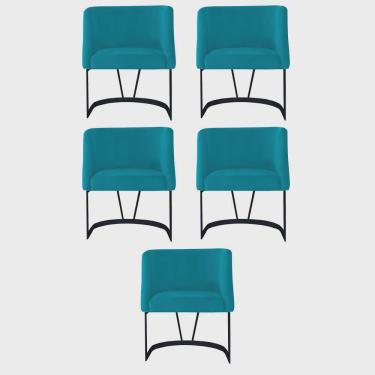 Imagem de Kit 05 Poltrona Cadeira Aurora Luxo Confort Industrial Ferro Preto Veludo Azul Turquesa - Ahz Móveis