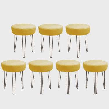 Imagem de Kit 07 Banquetas Puff Jullia Luxo 55cm Industrial Ferro Marrom Corino Amarelo - Ahazzo Móveis