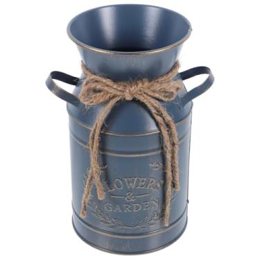 Imagem de Cabilock Vaso vintage rústico de metal galvanizado azul com alças duplas, ideal para flores secas, arranjos de flores, suculentas e decoração de casa de fazenda, 18 x 10 x 10 cm